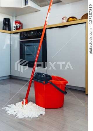 bucket for wet cleaning with moisture wringing and mop 127187819
