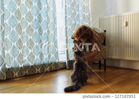 Girl hugging cat, sitting in blanket at home, frozen 127187851