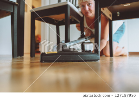 Vacuuming a parquet floor Vacuuming a parquet floor 127187950