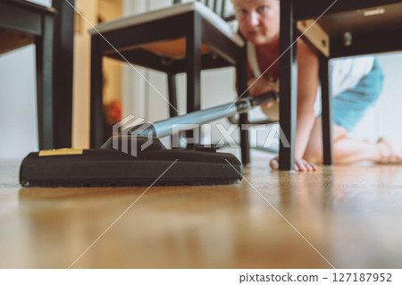 Vacuuming a parquet floor Vacuuming a parquet floor 127187952