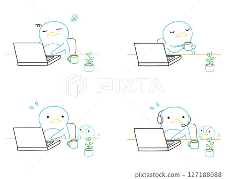 Illustration set of penguins working remotely Color line drawing Illustration set of penguins working remotely Color line drawing 127188088