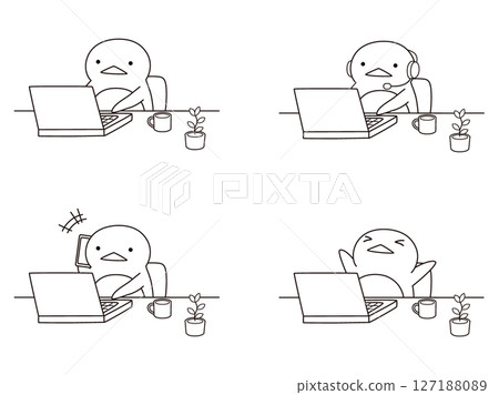 Illustration set of penguins working remotely Line drawing Illustration set of penguins working remotely Line drawing 127188089