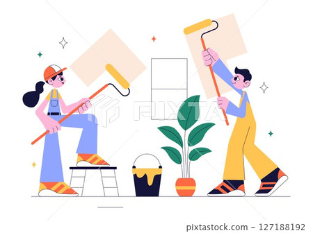 Home Renovation or Repair Service Vector Illustration Featuring a Team of Cleaners and Repair Workers Building, Painting, and Maintaining a House 127188192