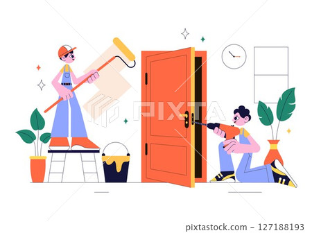 Home Renovation or Repair Service Vector Illustration Featuring a Team of Cleaners and Repair Workers Building, Painting, and Maintaining a House 127188193