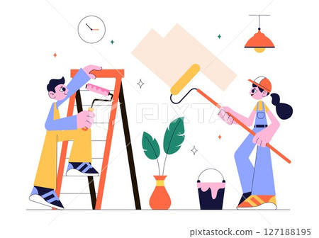 Home Renovation or Repair Service Vector Illustration Featuring a Team of Cleaners and Repair Workers Building, Painting, and Maintaining a House Home Renovation or Repair Service Vector Illustration Featuring a Team of Cleaners and Repair Workers Building, Painting, and Maintaining a House 127188195
