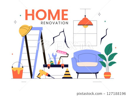Home Renovation or Repair Service Vector Illustration Featuring a Team of Cleaners and Repair Workers Building, Painting, and Maintaining a House 127188196