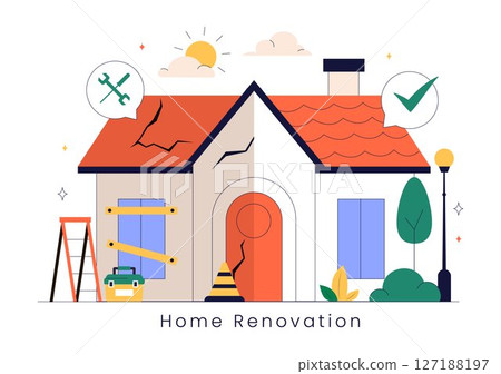 Home Renovation or Repair Service Vector Illustration Featuring a Team of Cleaners and Repair Workers Building, Painting, and Maintaining a House 127188197