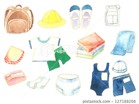 Items for preschoolers and elementary school students to prepare for going to kindergarten and school | Watercolor set of belongings 127188208