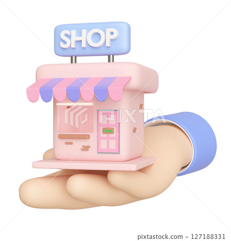 3D Businessman hand holding store building icon isolated. cartoon style. Shop Building For Rent Or Buy, startup franchise business concept, 3d render illustration 3D Businessman hand holding store building icon isolated. cartoon style. Shop Building For Rent Or Buy, startup franchise business concept, 3d render illustration 127188331