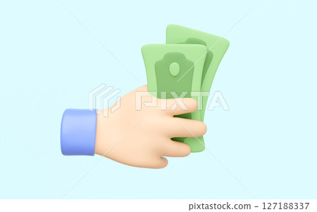 3D Businessman hand holds dollar bills isolated on blue background. cartoon style. payment, cash back, investment, commerce concept. 3d render illustration 3D Businessman hand holds dollar bills isolated on blue background. cartoon style. payment, cash back, investment, commerce concept. 3d render illustration 127188337