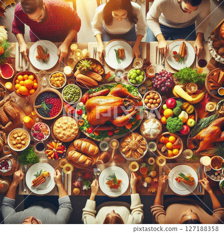A table full of delicious food and a fun party① 127188358