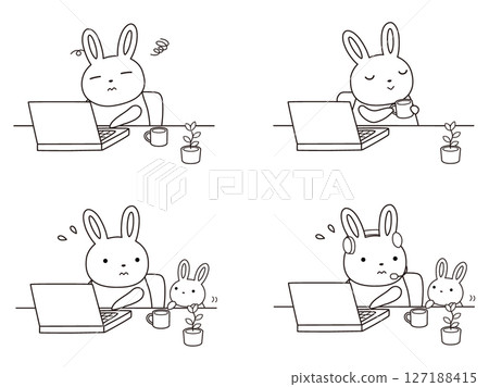 一組遠距工作的兔子的插圖線條畫 127188415