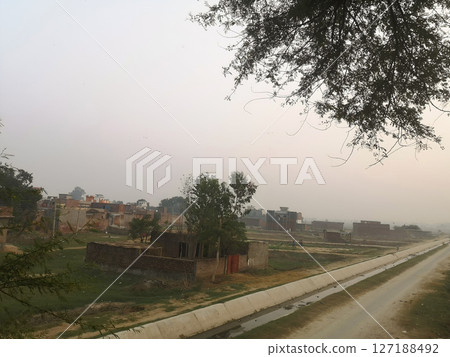 Atmospheric Haze Over Rural Indian Village A Panoramic View 127188492
