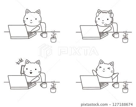 Illustration set of cats working remotely Line drawing Illustration set of cats working remotely Line drawing 127188674