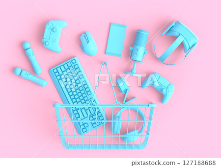 Lying gamer gears like mouse, keyboard, joystick, headset, VR Headset in metal wire basket on monochrome background. 3d render concept of sale, shopping and delivery of accessories for live streaming Lying gamer gears like mouse, keyboard, joystick, headset, VR Headset in metal wire basket on monochrome background. 3d render concept of sale, shopping and delivery of accessories for live streaming 127188688