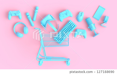 Lying gamer gears like mouse, keyboard, joystick, headset, VR Headset in shopping carts on monochrome background. 3d render concept of sale, shopping and delivery of accessories for live streaming Lying gamer gears like mouse, keyboard, joystick, headset, VR Headset in shopping carts on monochrome background. 3d render concept of sale, shopping and delivery of accessories for live streaming 127188690