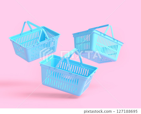 Set of flying plastic shopping basket from supermarket on monochrome background. 3d render concept of online shopping and black Friday sale Set of flying plastic shopping basket from supermarket on monochrome background. 3d render concept of online shopping and black Friday sale 127188695
