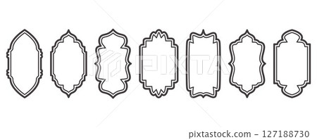 Ramadan frame shapes. Window Arabic arc outline elements. Door design with Turkish ornament. Muslim oriental sticker template. Traditional decoration set for banner and badge. 127188730