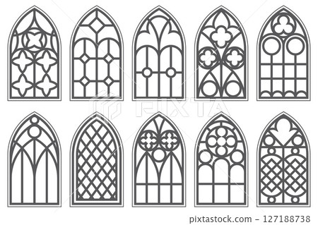 Church windows with arched frames and stained glass. Cathedral gothic architecture elements. Medieval castle doors silhouettes isolated on white background. Catholic interior decoration. Church windows with arched frames and stained glass. Cathedral gothic architecture elements. Medieval castle doors silhouettes isolated on white background. Catholic interior decoration. 127188738