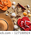 Summer Beach Scenes with Beach Essentials. Tropical Vacation Photography 127188924