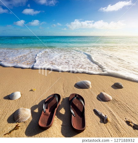 Summer Beach Scenes with Beach Essentials. Tropical Vacation Photography Summer Beach Scenes with Beach Essentials. Tropical Vacation Photography 127188932