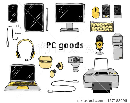 Hand-drawn illustration set of computers and gadget peripherals (yellow x gray) 127188996
