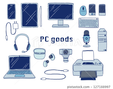 Hand-drawn illustration set of computers and gadget peripherals (blue) 127188997