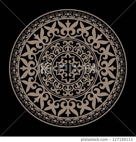 Round gold Kazakh national ornament, persian motiff. Kazakh national ornament. Abstract Pattern of Turkic people, Kazakh, Kyrgyz, Mongol. Medallion, embroidery, ceramic, yurt, shawl, pillow, engraving 127189113
