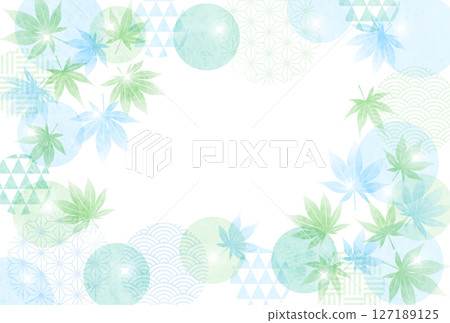 日式圖案球和綠楓葉夏末問候明信片，可愛，橫向，插圖，夏天，明信片 127189125