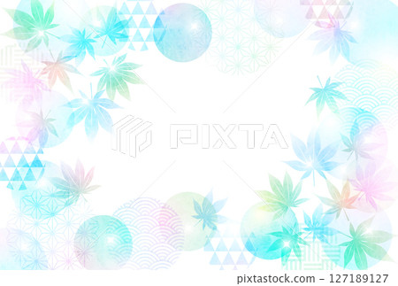 夏末賀卡，帶有日本圖案球和綠色楓葉，可愛，橫向，插圖，夏季，明信片，彩虹色 127189127