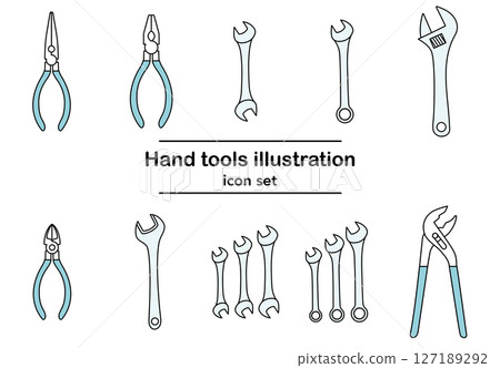 Blue hand tools vector icon set | pliers, spanner, adjustable wrench, pliers, tools 127189292