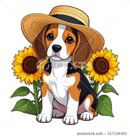Sunflower and straw hat beagle sticker illustration 4 / flyer and poster material 127189363