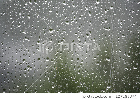 Raindrops on a window create a beautiful, abstract scene with a blurred background. 127189374