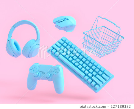 Gamer gears like mouse, keyboard, joystick, headset, VR and metal wire basket 127189382