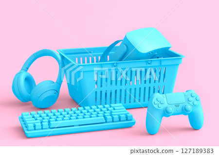 Gamer gears like mouse, keyboard, joystick, headset, VR in metal wire basket 127189383