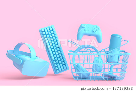 Gamer gears like mouse, keyboard, joystick, headset, VR in metal wire basket Gamer gears like mouse, keyboard, joystick, headset, VR in metal wire basket 127189388