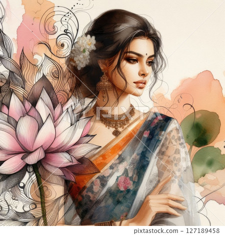 Ethereal Beauty Amidst Blooming Nelumbo nucifera with Indian saree girl with Generative AI. 127189458