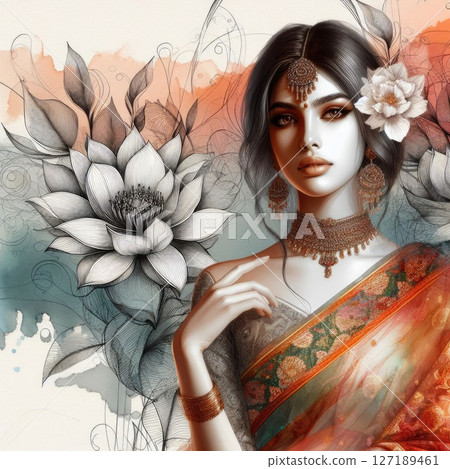 Ethereal Beauty Amidst Blooming Nelumbo nucifera with Indian saree girl with Generative AI. 127189461