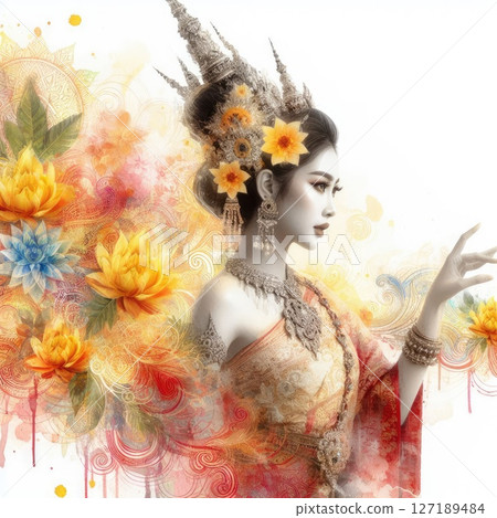 Ethereal Beauty Amidst Blooming hibiscus with Thai chut girl with Generative AI. 127189484