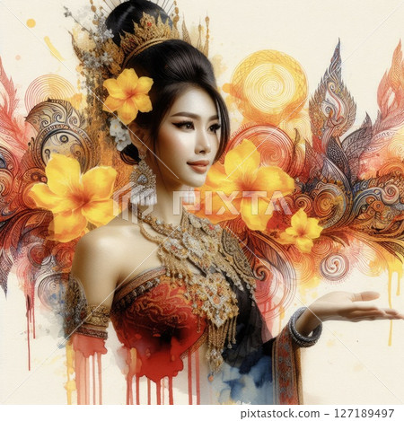 Ethereal Beauty Amidst Blooming hibiscus with Thai chut girl with Generative AI. 127189497