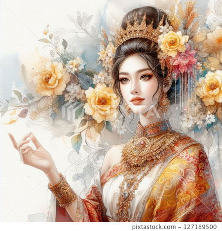 Ethereal Beauty Amidst Blooming hibiscus with Thai chut girl with Generative AI. 127189500