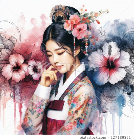 Ethereal Beauty Amidst Blooming hibiscus with Korean hanbok girl with Generative AI. Ethereal Beauty Amidst Blooming hibiscus with Korean hanbok girl with Generative AI. 127189531