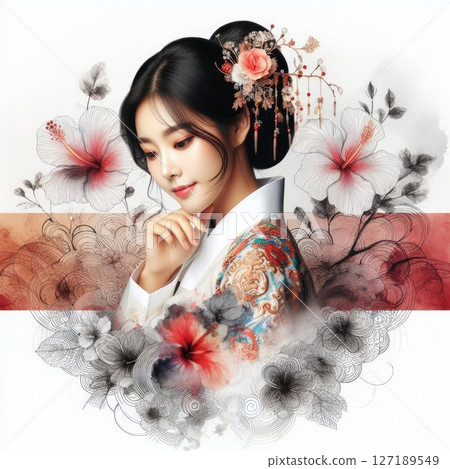 Ethereal Beauty Amidst Blooming hibiscus with Korean hanbok girl with Generative AI. 127189549