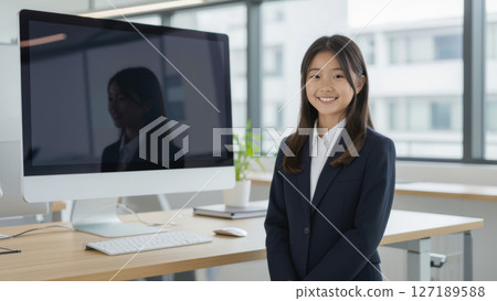 打扮成女商人的孩子站在空白的顯示器旁邊 打扮成女商人的孩子站在空白的顯示器旁邊 127189588