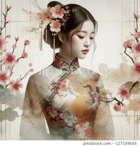 Ethereal Beauty Amidst Blooming plum bossom with Chinese cheongsam girl with Generative AI. 127189688