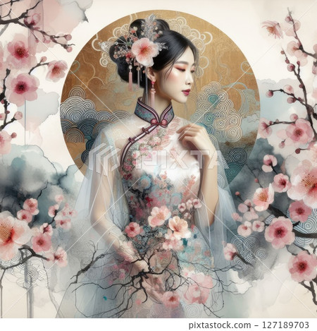 Ethereal Beauty Amidst Blooming plum bossom with Chinese cheongsam girl with Generative AI. 127189703