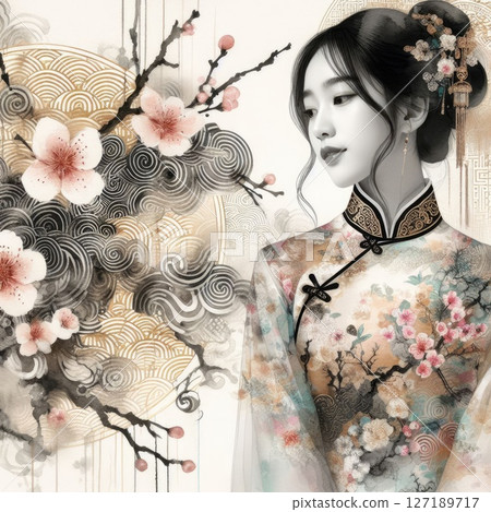 Ethereal Beauty Amidst Blooming plum bossom with Chinese cheongsam girl with Generative AI. Ethereal Beauty Amidst Blooming plum bossom with Chinese cheongsam girl with Generative AI. 127189717