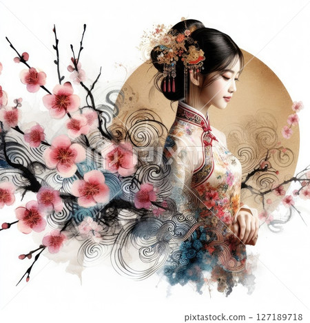 Ethereal Beauty Amidst Blooming plum bossom with Chinese cheongsam girl with Generative AI. Ethereal Beauty Amidst Blooming plum bossom with Chinese cheongsam girl with Generative AI. 127189718