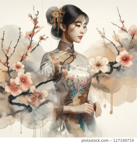 Ethereal Beauty Amidst Blooming plum bossom with Chinese cheongsam girl with Generative AI. Ethereal Beauty Amidst Blooming plum bossom with Chinese cheongsam girl with Generative AI. 127189719