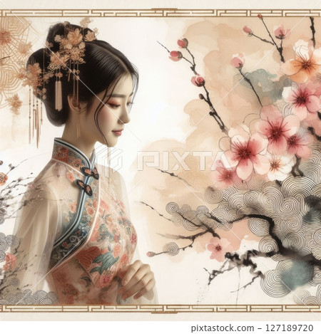Ethereal Beauty Amidst Blooming plum bossom with Chinese cheongsam girl with Generative AI. Ethereal Beauty Amidst Blooming plum bossom with Chinese cheongsam girl with Generative AI. 127189720